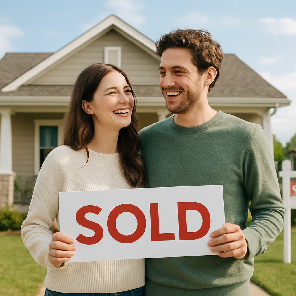 A young couple standing outside their first home with a sold sign