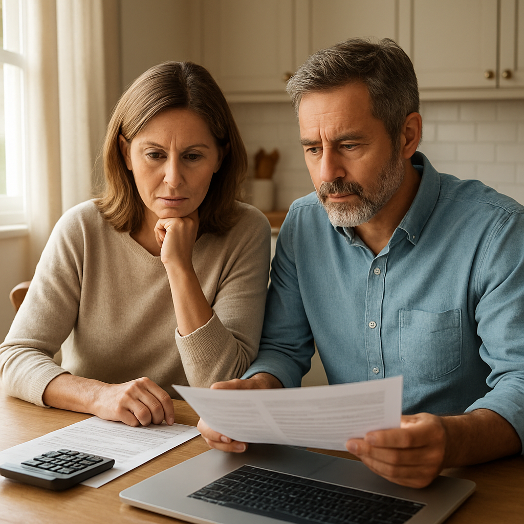A couple reviewing their mortgage renewal paperwork at home