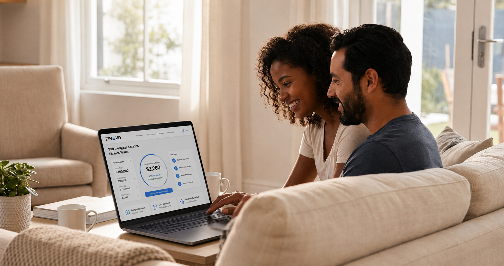 A couple smiling as they review their Finevo mortgage dashboard together on a laptop at home