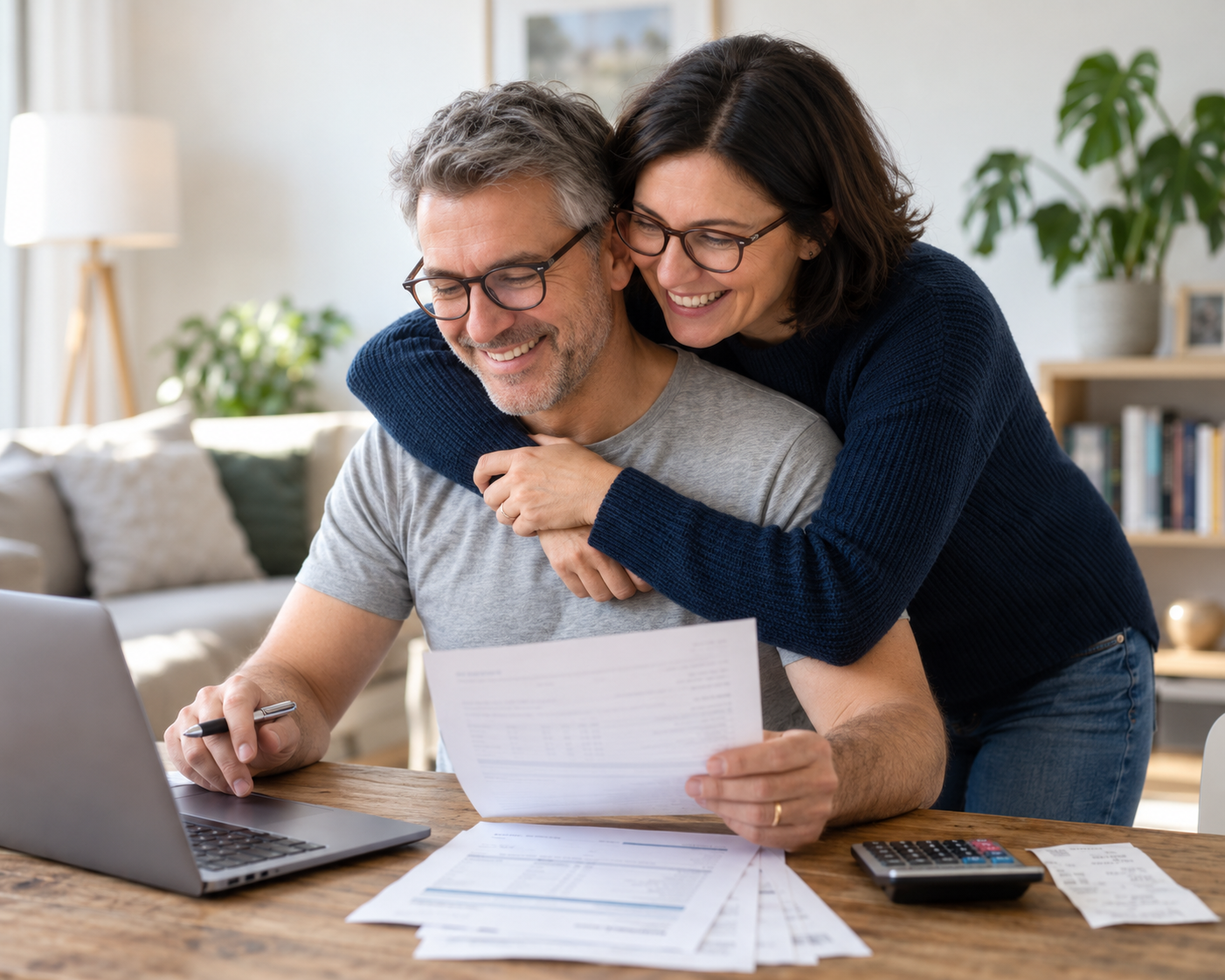 A smiling couple reviewing their mortgage documents together at a laptop