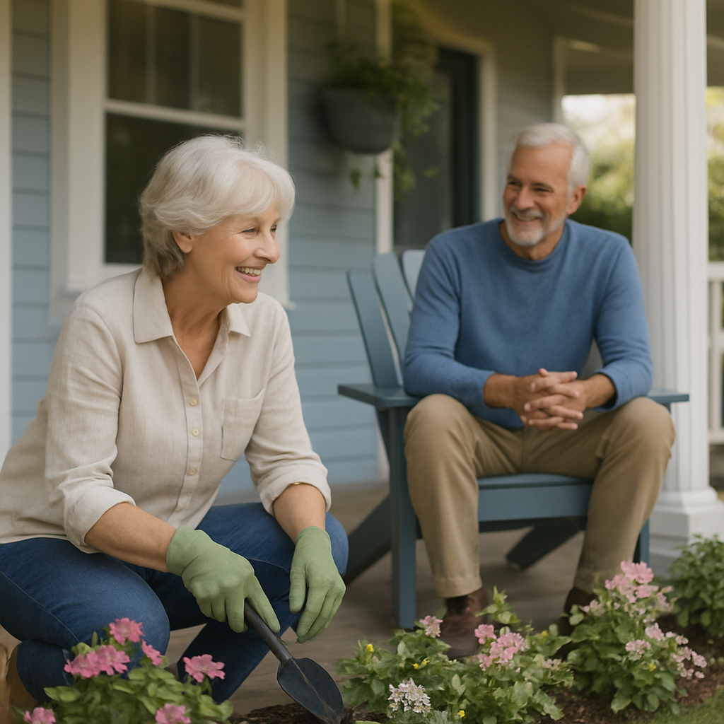A relaxed Canadian retired couple enjoying the porch of their comfortable home