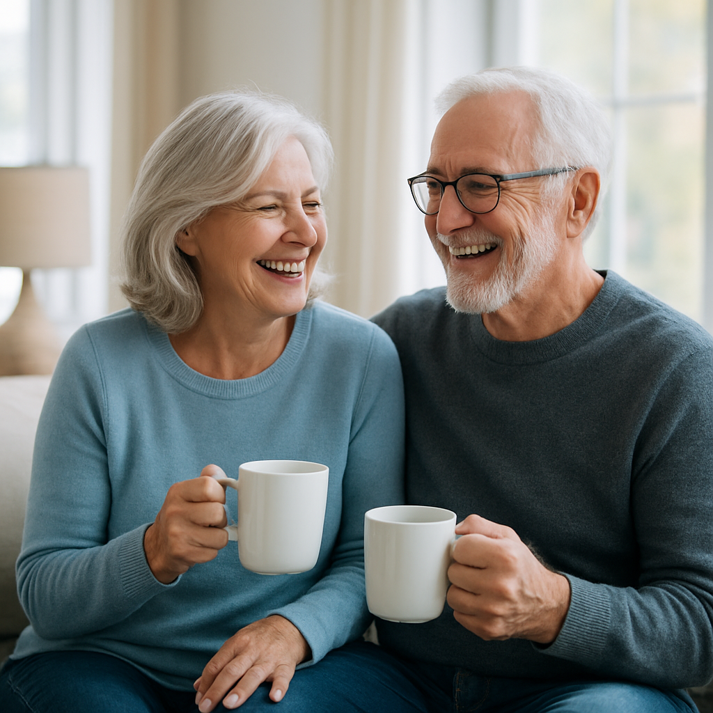 An active Canadian couple in their 60s relaxing happily in the living room of their own home