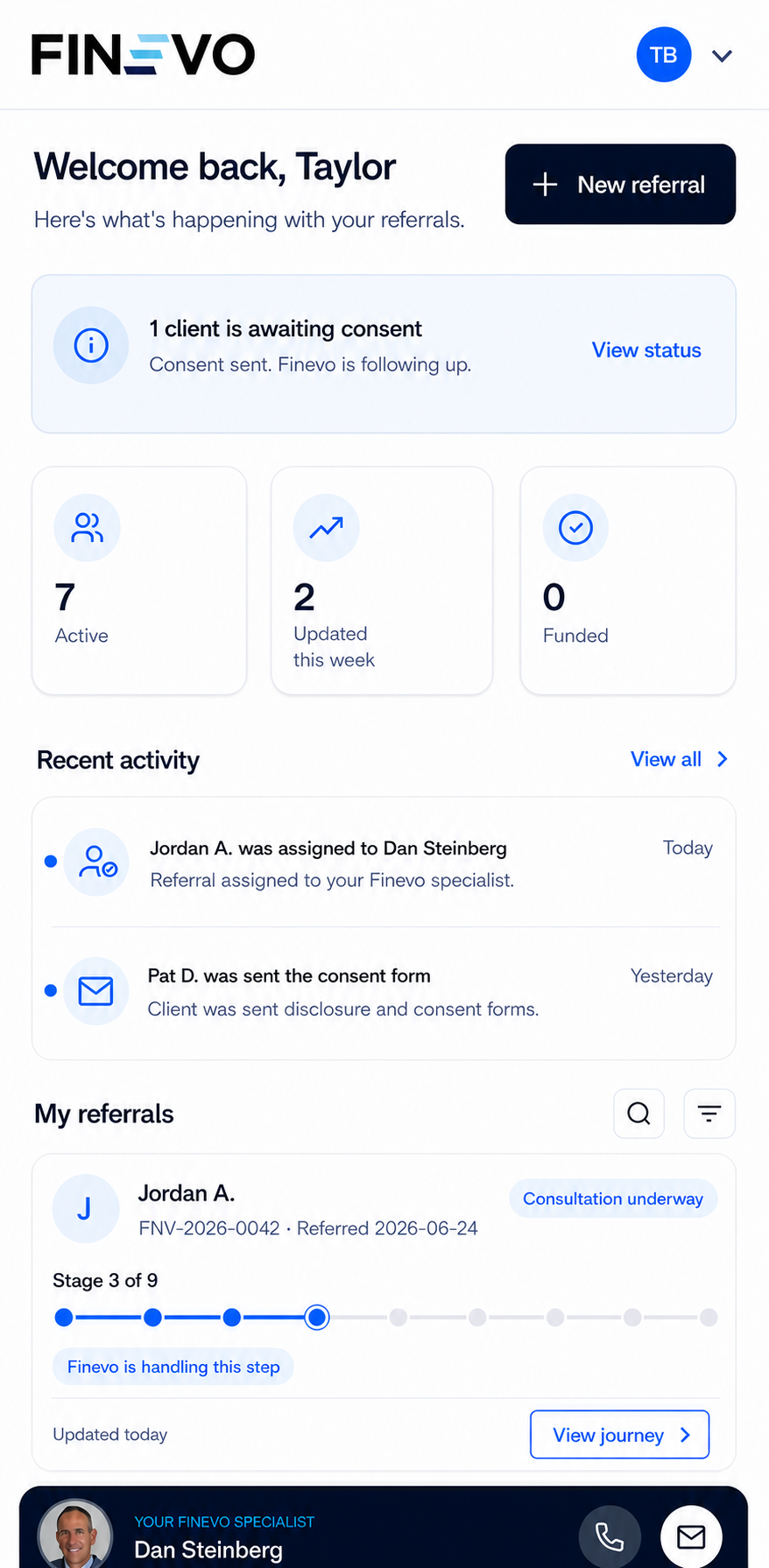 Preview of the upcoming Finevo dashboard, showing referral status, active referral counts, and a step-by-step mortgage journey tracker